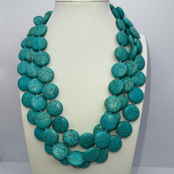 Turquoise Colored Dyed Stone Necklace EXTRA LONG  TripStrung Knotted Runway - Picture 1 of 7